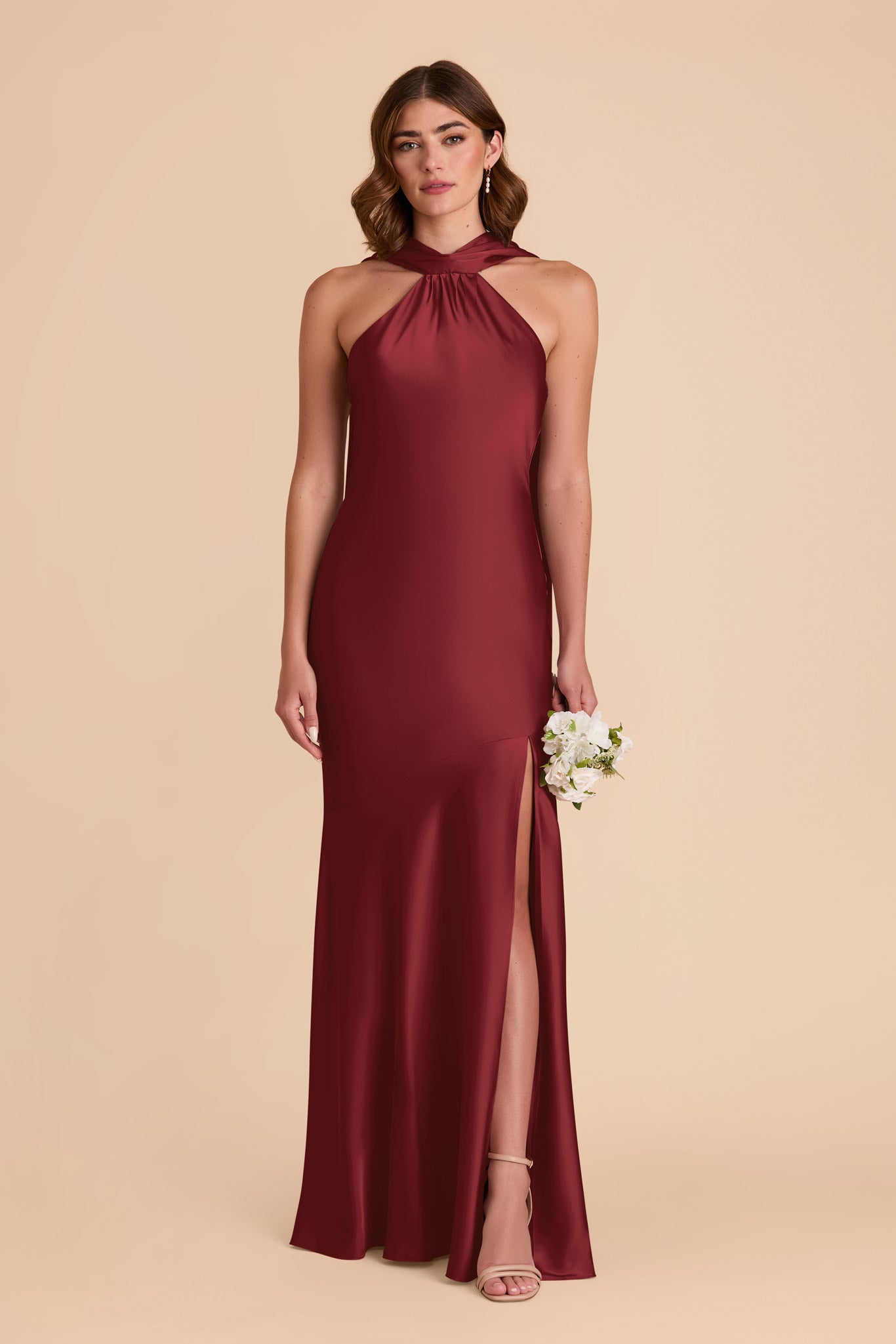 Burgundy Satin Halter Neck Gown with Train | Eileen