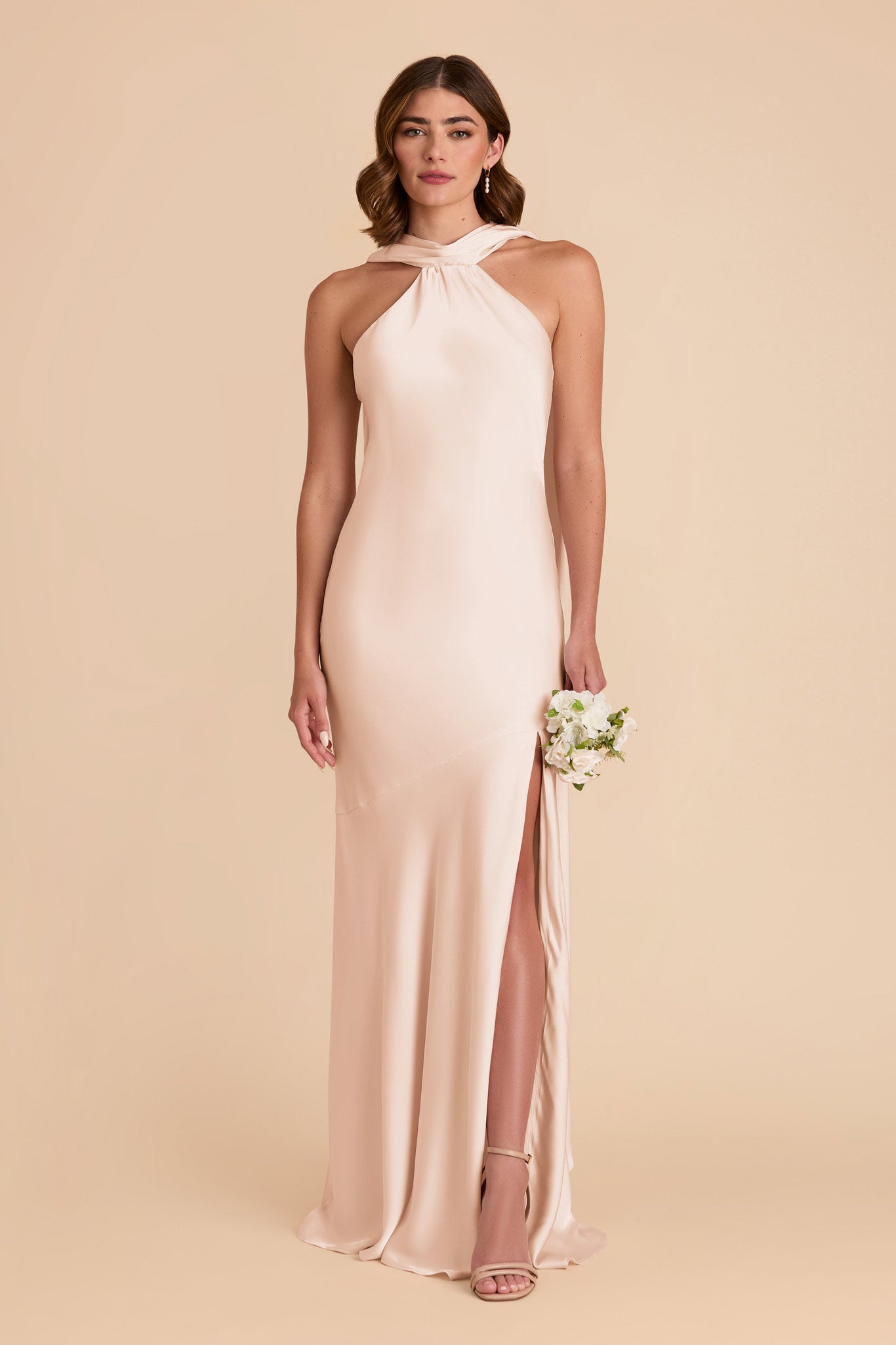 Champagne Satin Halter Gown with Train | Eileen Dress