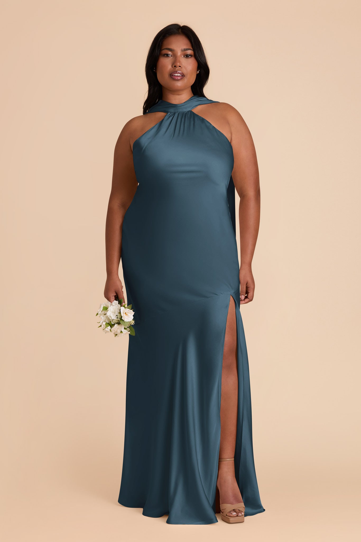 Matte Satin Halter Neck Gown with Train | Eileen Dress