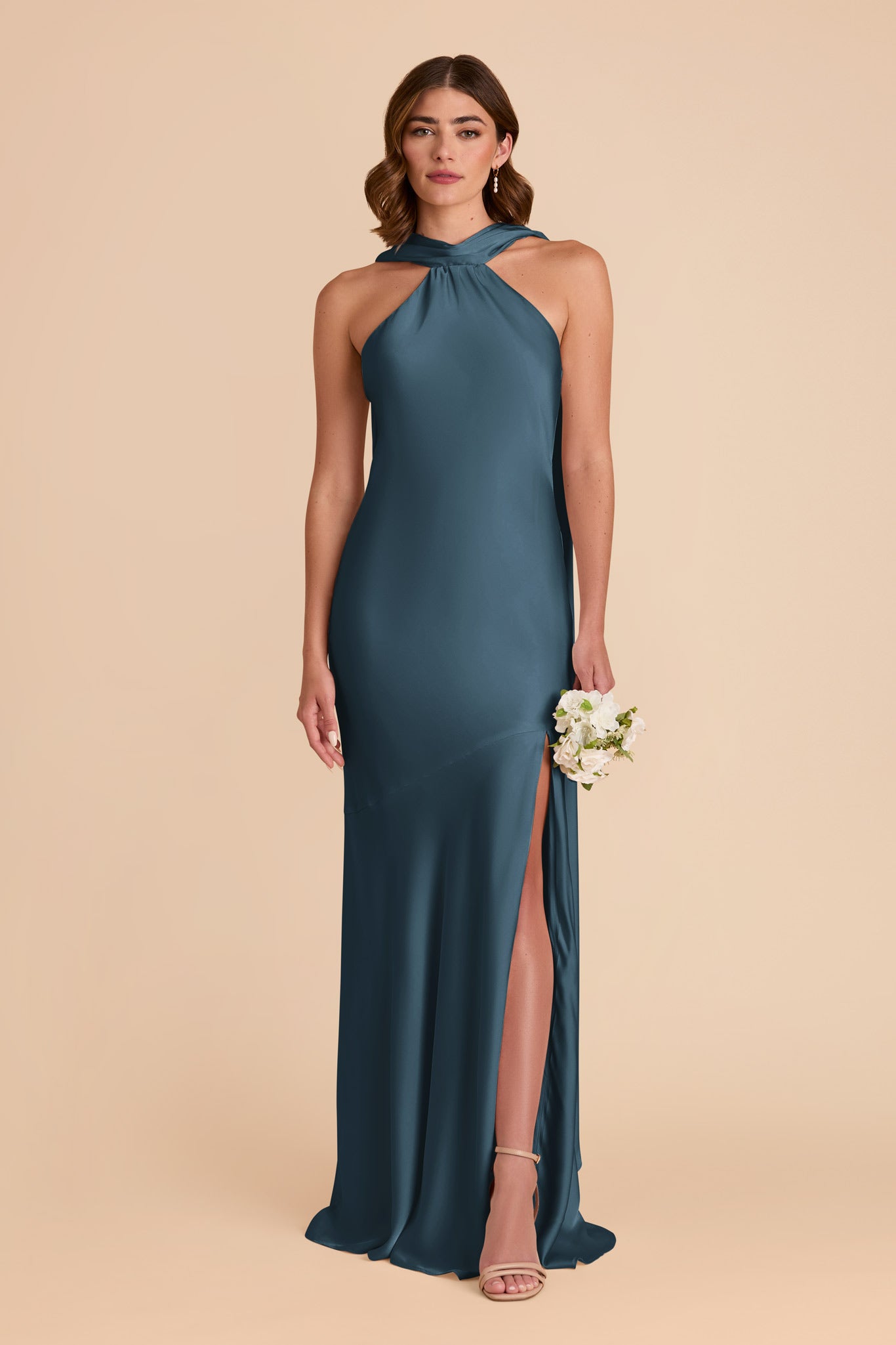 Matte Satin Halter Neck Gown with Train | Eileen Dress