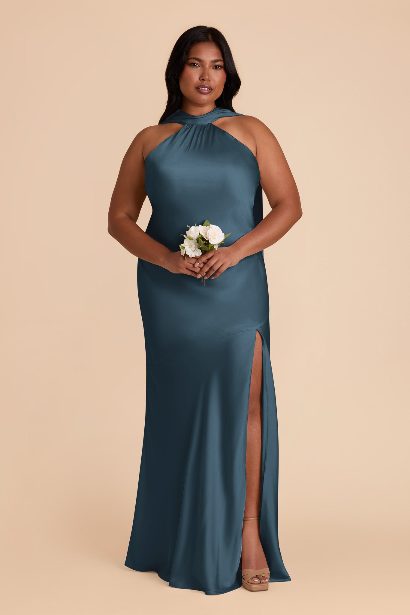 Matte Satin Halter Neck Gown with Train | Eileen Dress