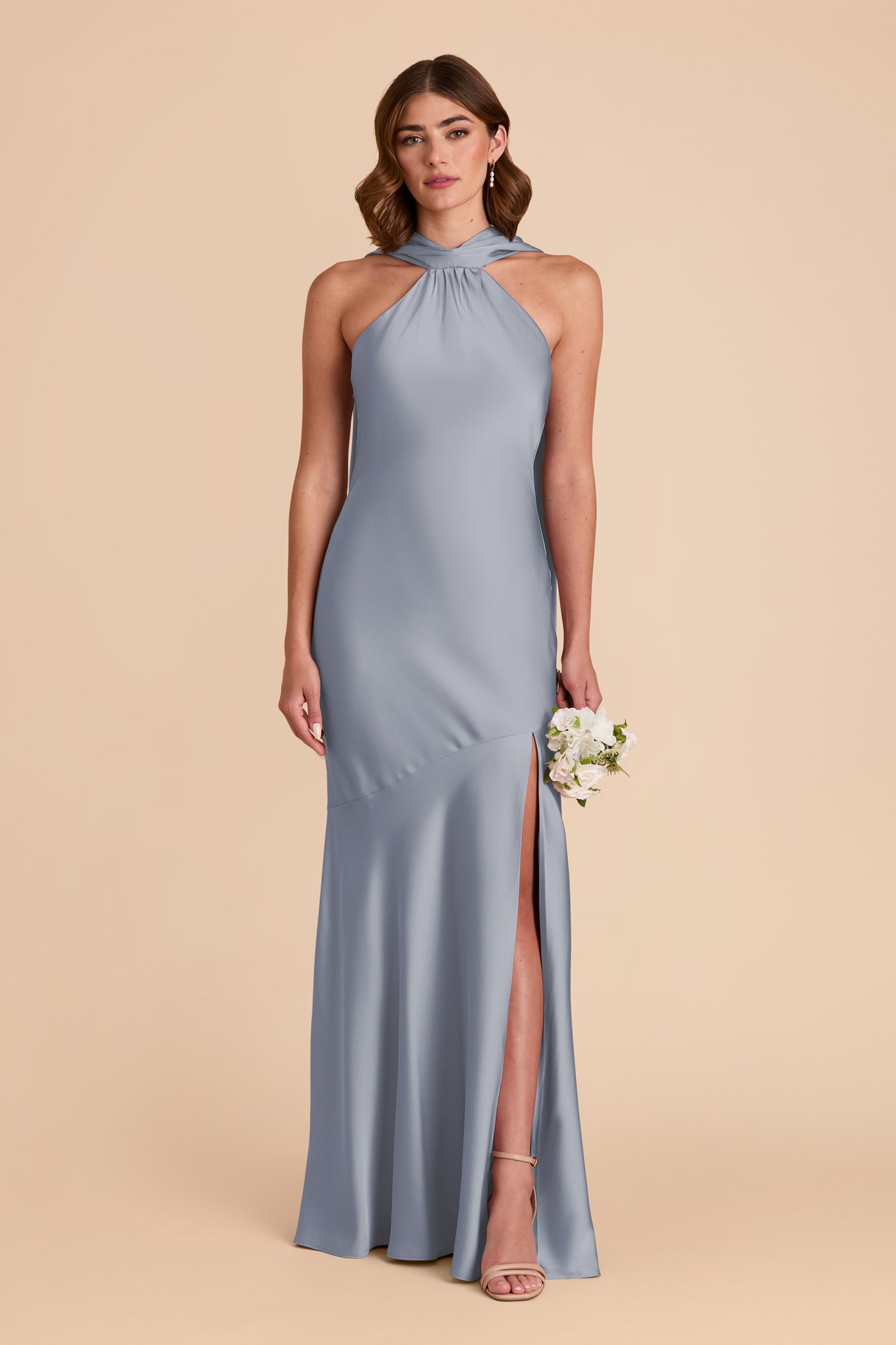 Matte Satin Halter Neck Gown with Train | Eileen Dress