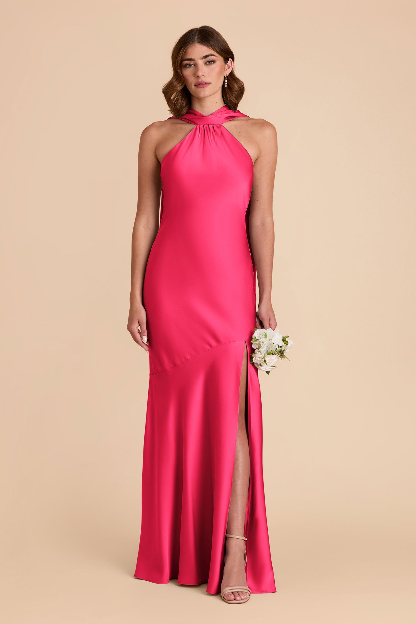 Fuchsia Halter Neck Satin Gown with Dramatic Train | Eileen