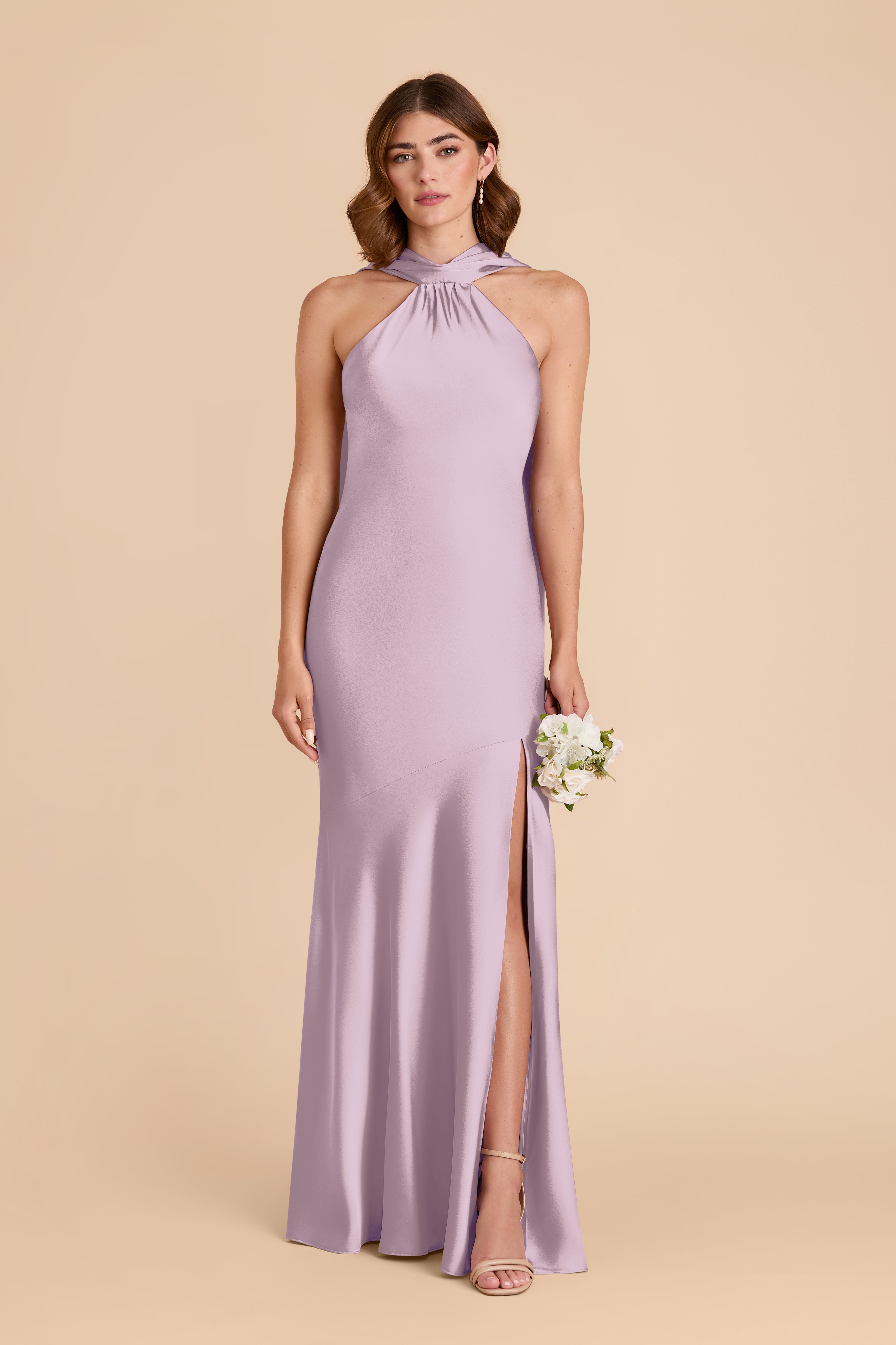 Matte Satin Halter Neck Gown with Train | Eileen Dress in Lavender