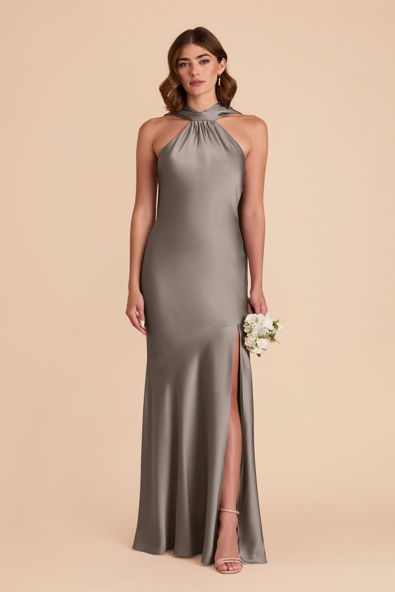 Matte Satin Halter Neck Gown with Train | Eileen Quartz