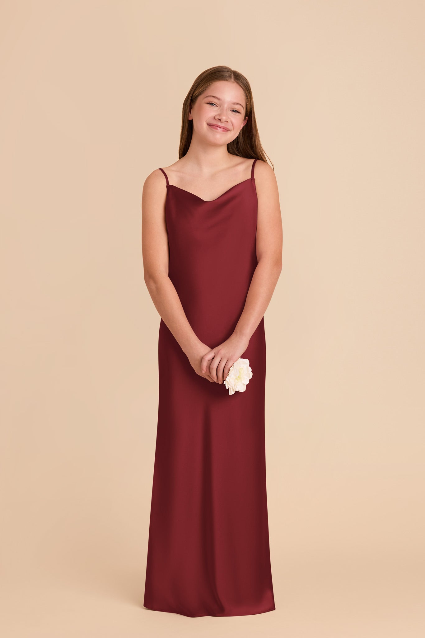 Burgundy Matte Satin Junior Dress with Cowl Neckline | Elisa