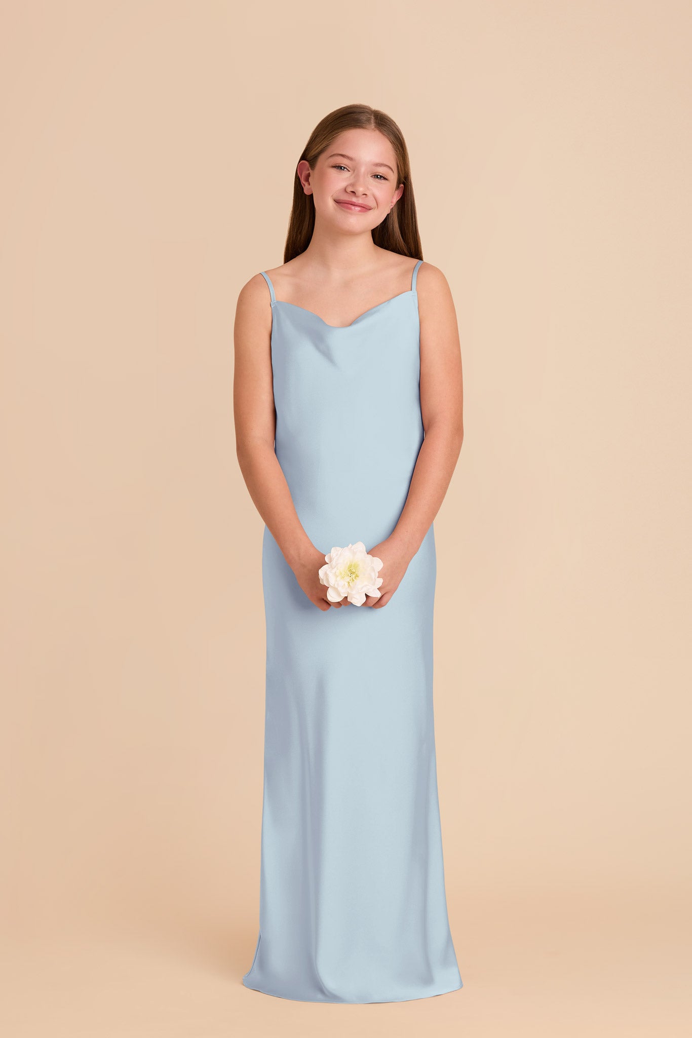 Mist Blue Matte Satin Junior Dress with Cowl Neckline | Elisa