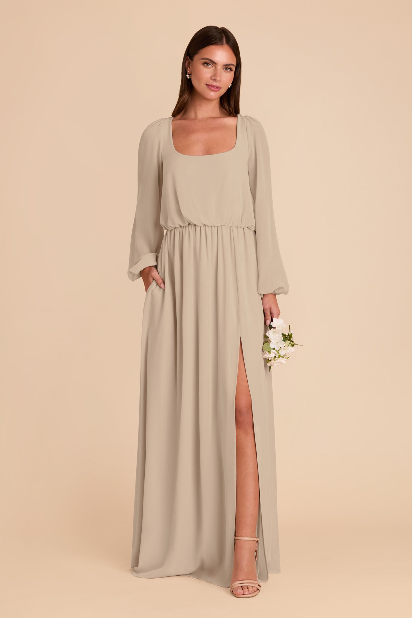 Chiffon Dress with Square Neckline & Bishop Sleeves | Eloise