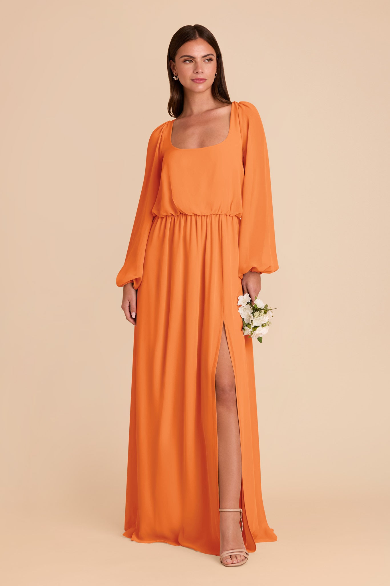Chiffon Dress with Square Neckline & Long Sleeves | Eloise