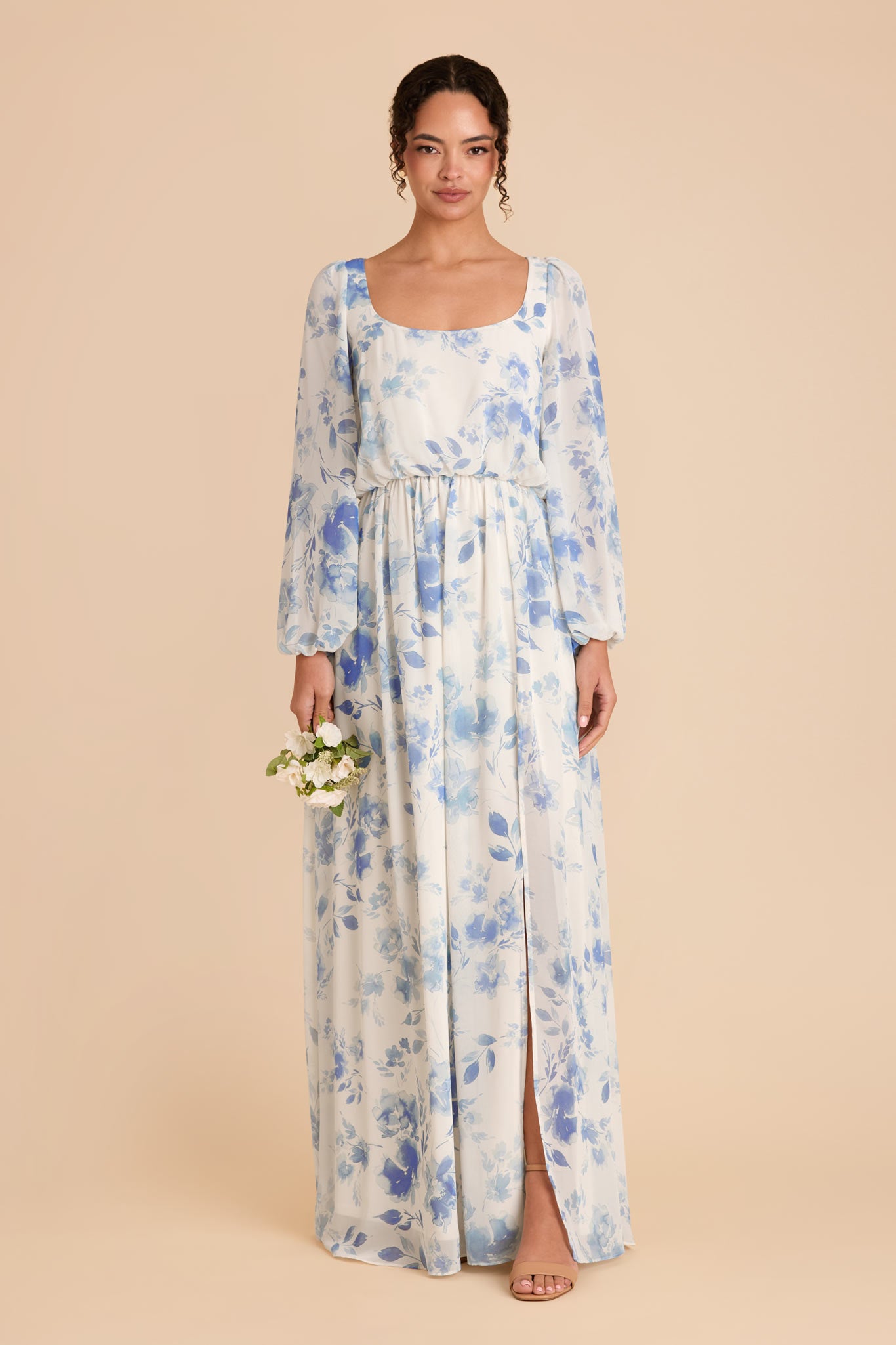 Blue Floral Chiffon Dress with Square Neckline & Bishop Sleeves | Eloise