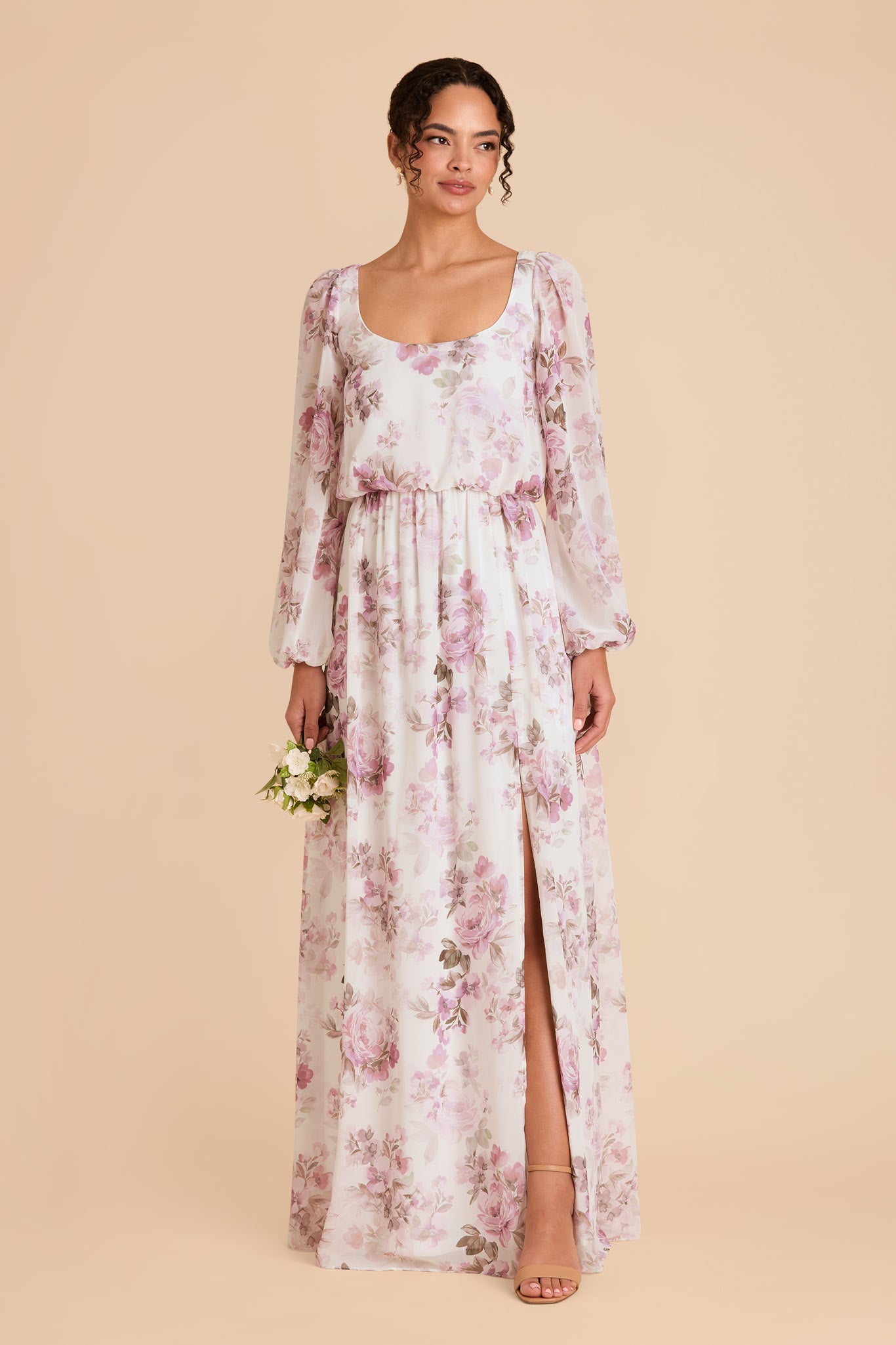 Chiffon Gown with Square Neckline & Bishop Sleeves | Eloise Dress