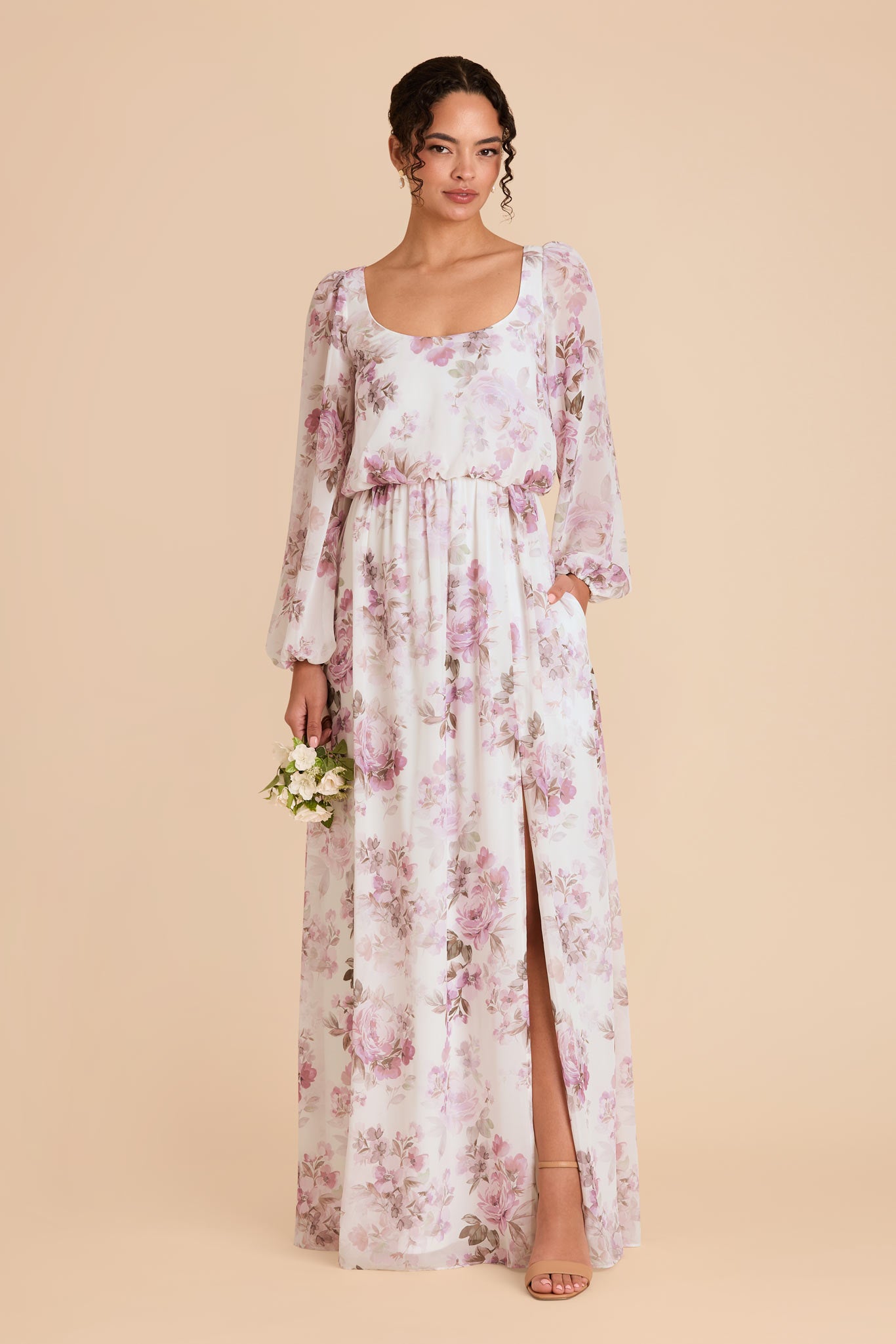 Chiffon Gown with Square Neckline & Bishop Sleeves | Eloise Dress
