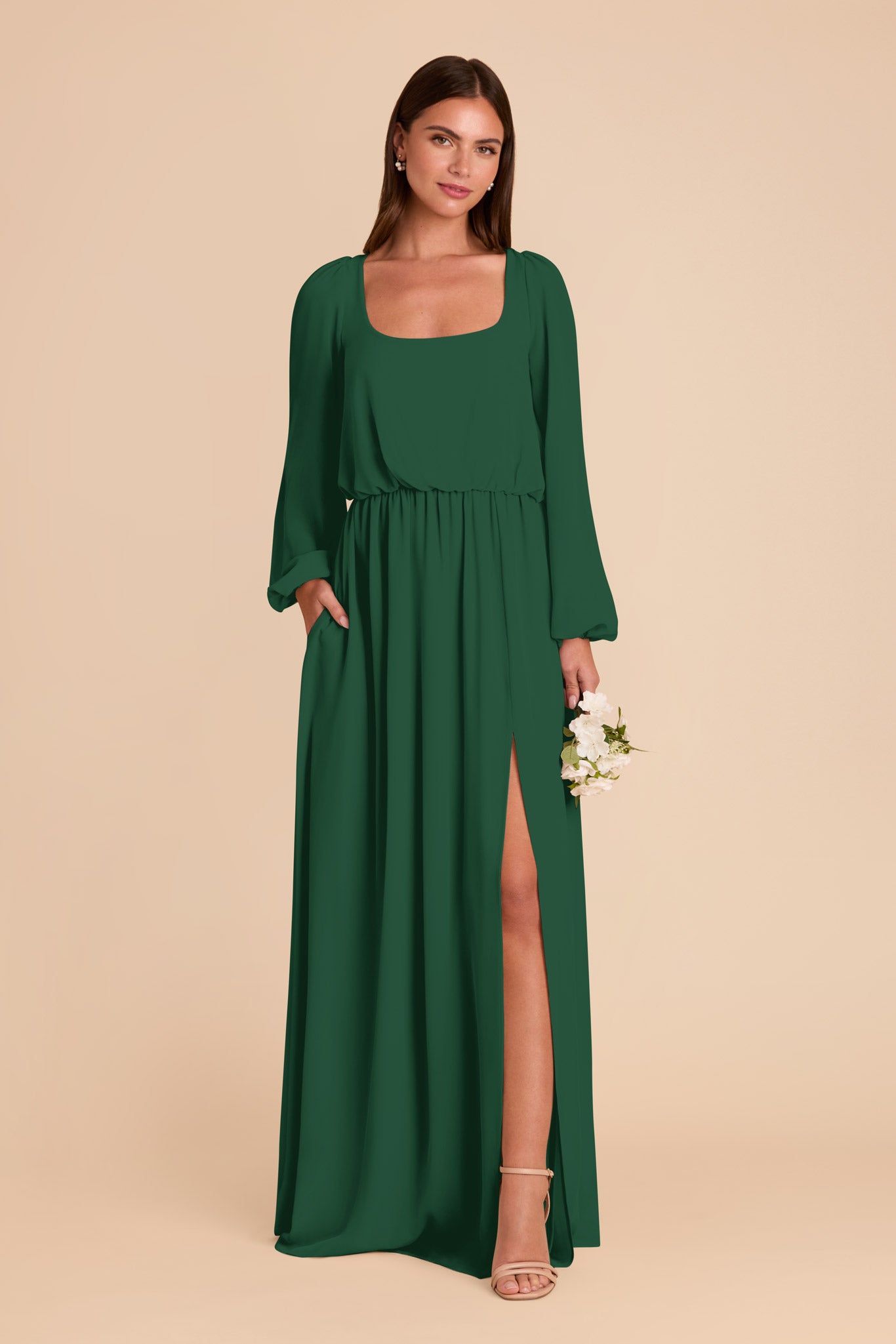 Chiffon Dress with Square Neckline & Long Sleeves | Eloise Forest Green