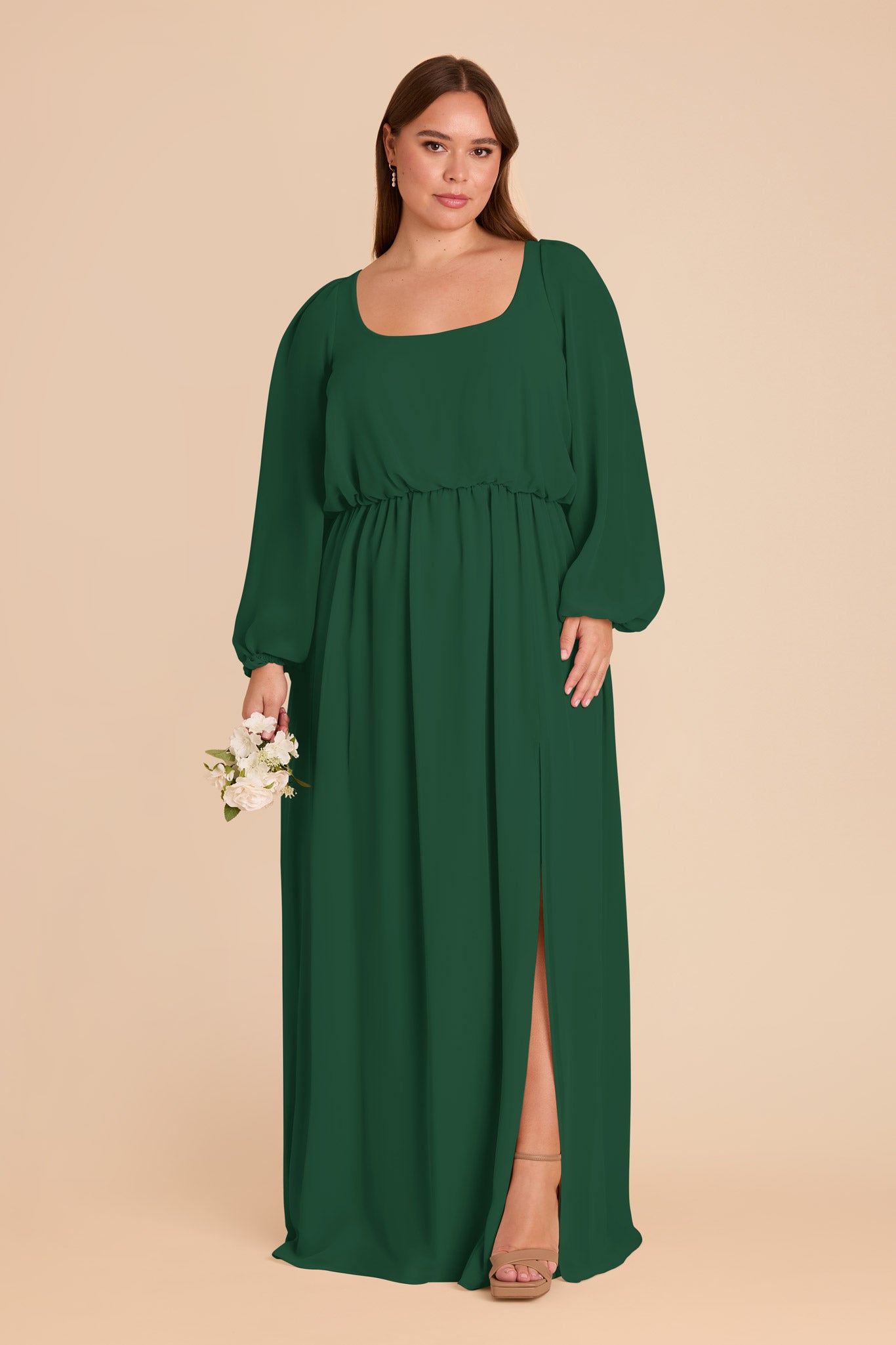 Chiffon Dress with Square Neckline & Long Sleeves | Eloise Forest Green