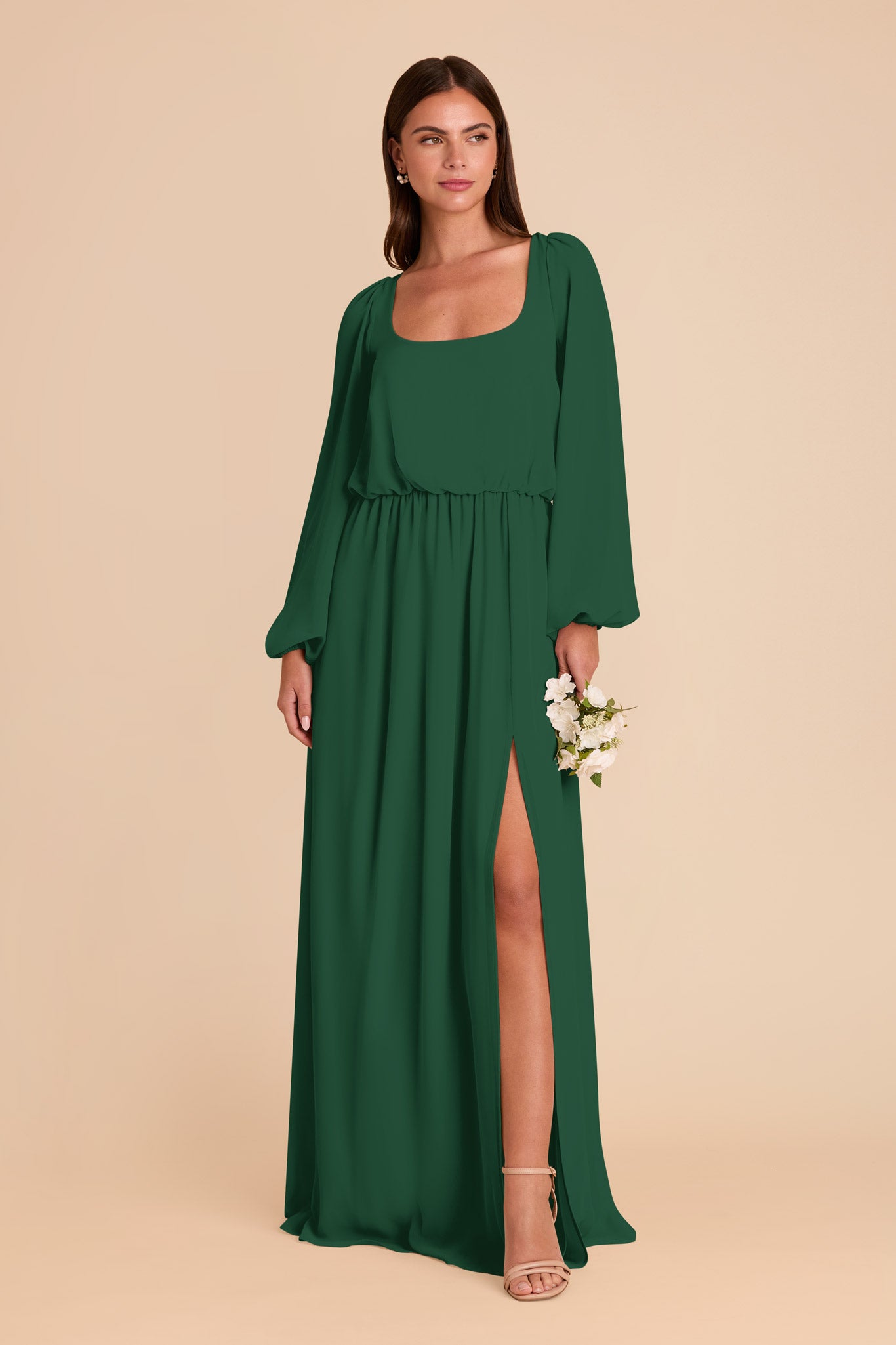 Chiffon Dress with Square Neckline & Long Sleeves | Eloise Forest Green