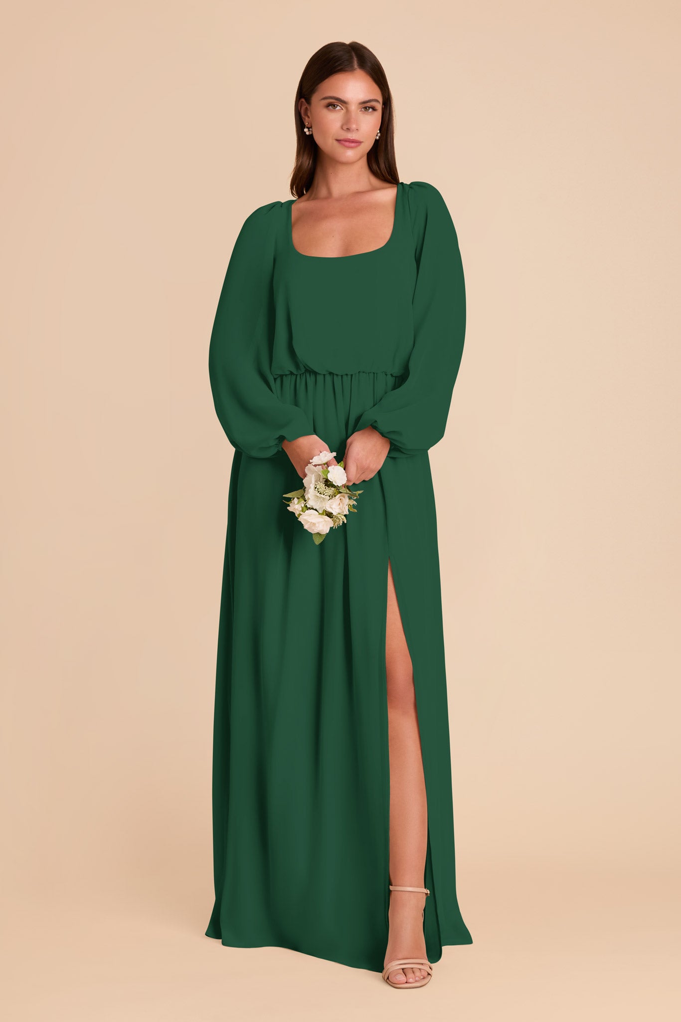 Chiffon Dress with Square Neckline & Long Sleeves | Eloise Forest Green