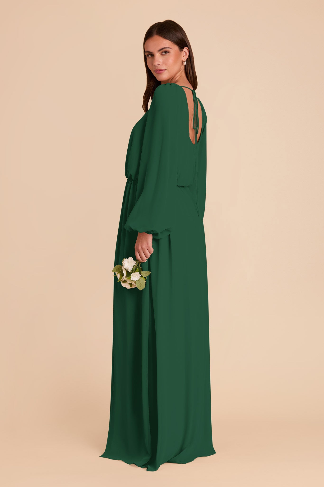 Chiffon Dress with Square Neckline & Long Sleeves | Eloise Forest Green