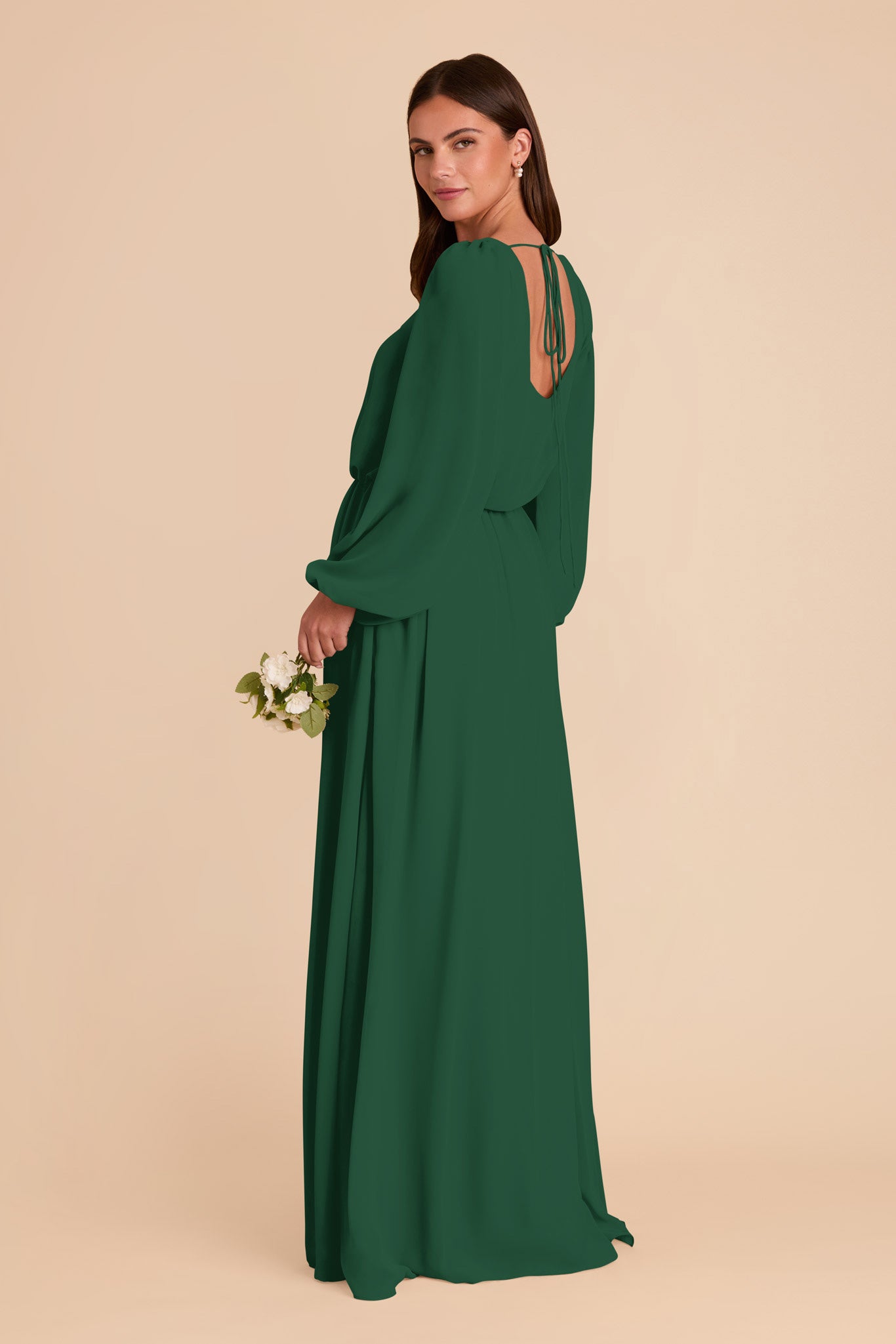 Chiffon Dress with Square Neckline & Long Sleeves | Eloise Forest Green
