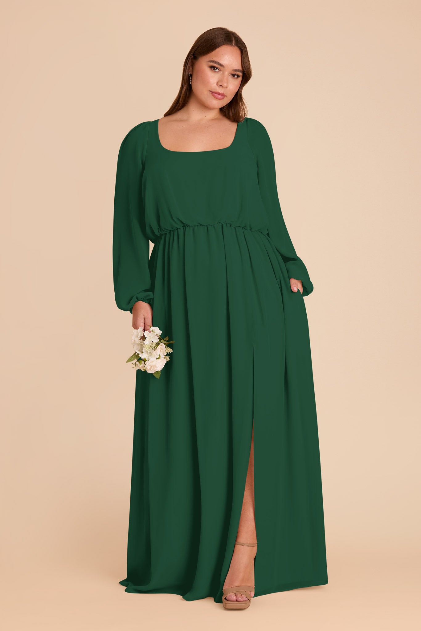 Chiffon Dress with Square Neckline & Long Sleeves | Eloise Forest Green
