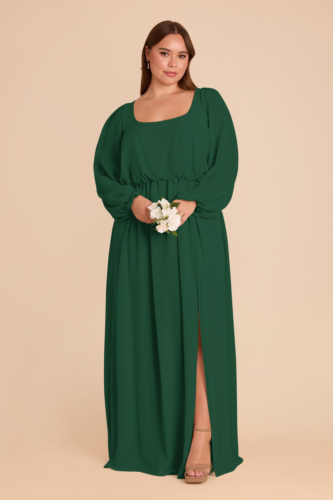 Chiffon Dress with Square Neckline & Long Sleeves | Eloise Forest Green