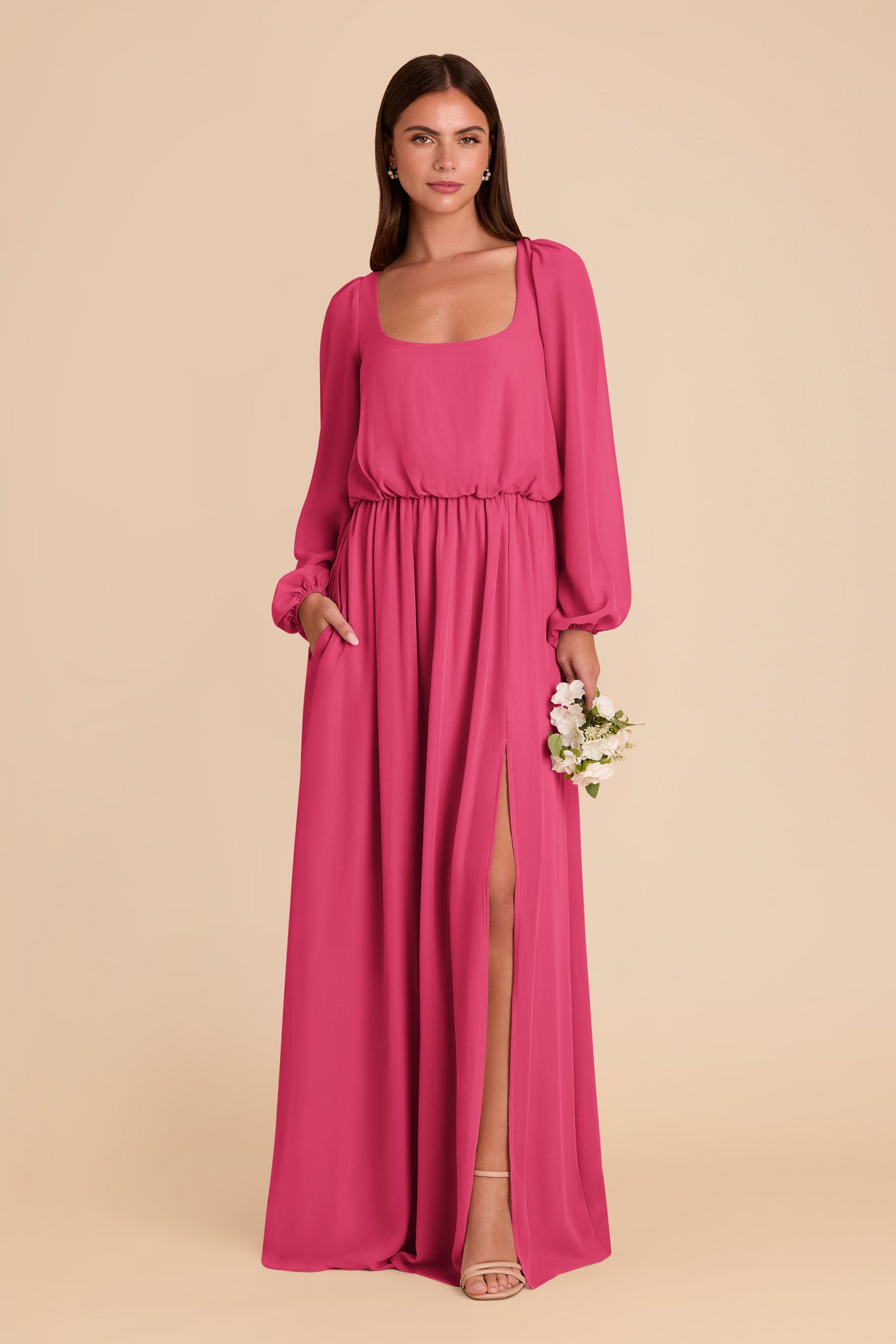 Chiffon Dress with Square Neckline & Long Sleeves | Eloise Fuchsia