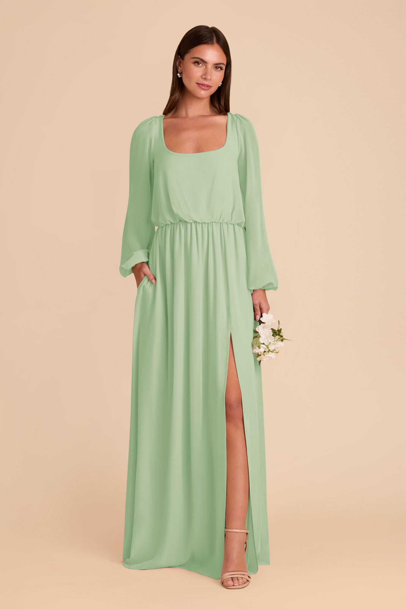 Chiffon Dress with Square Neckline & Bishop Sleeves | Eloise