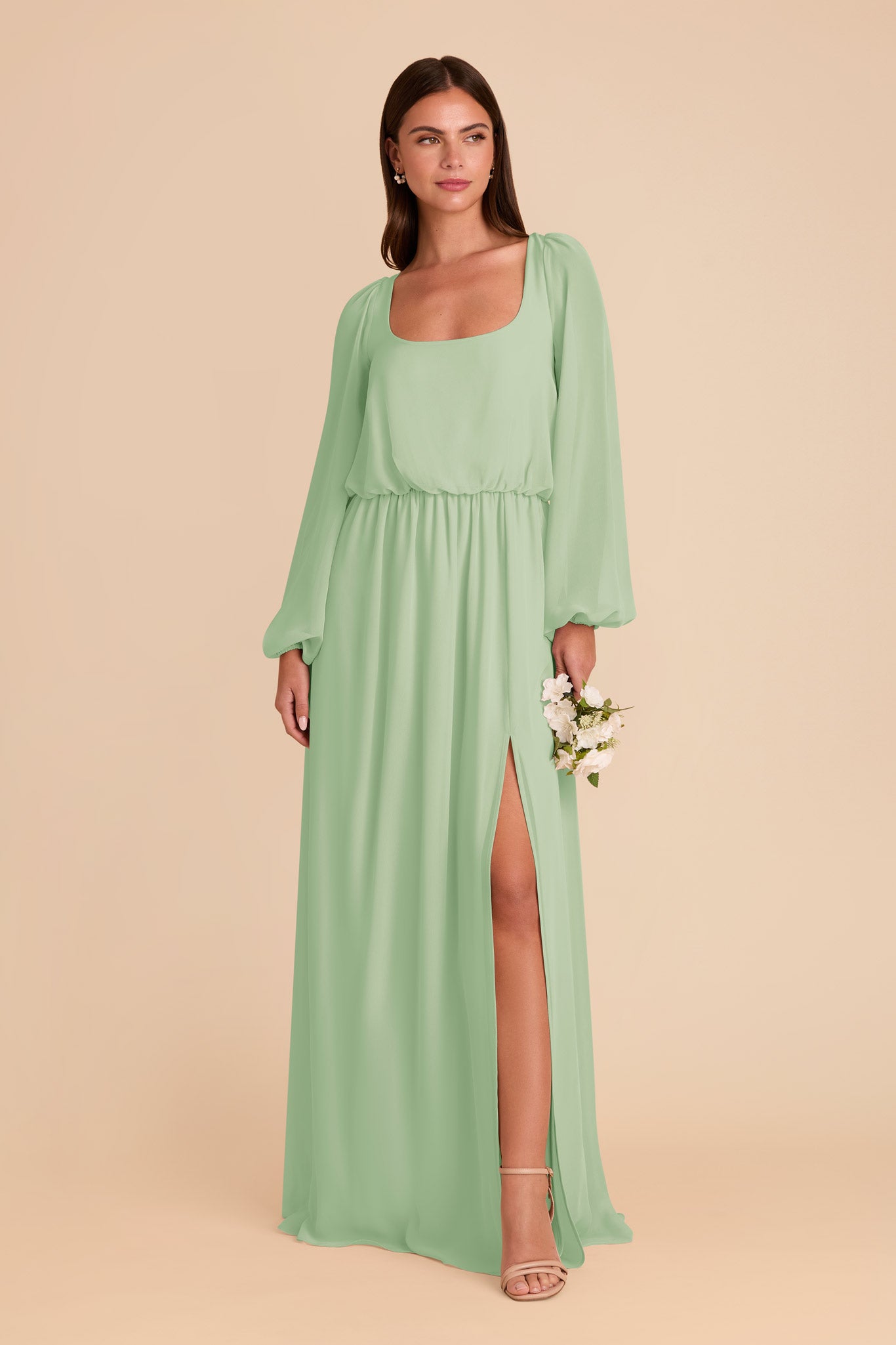 Chiffon Dress with Square Neckline & Bishop Sleeves | Eloise