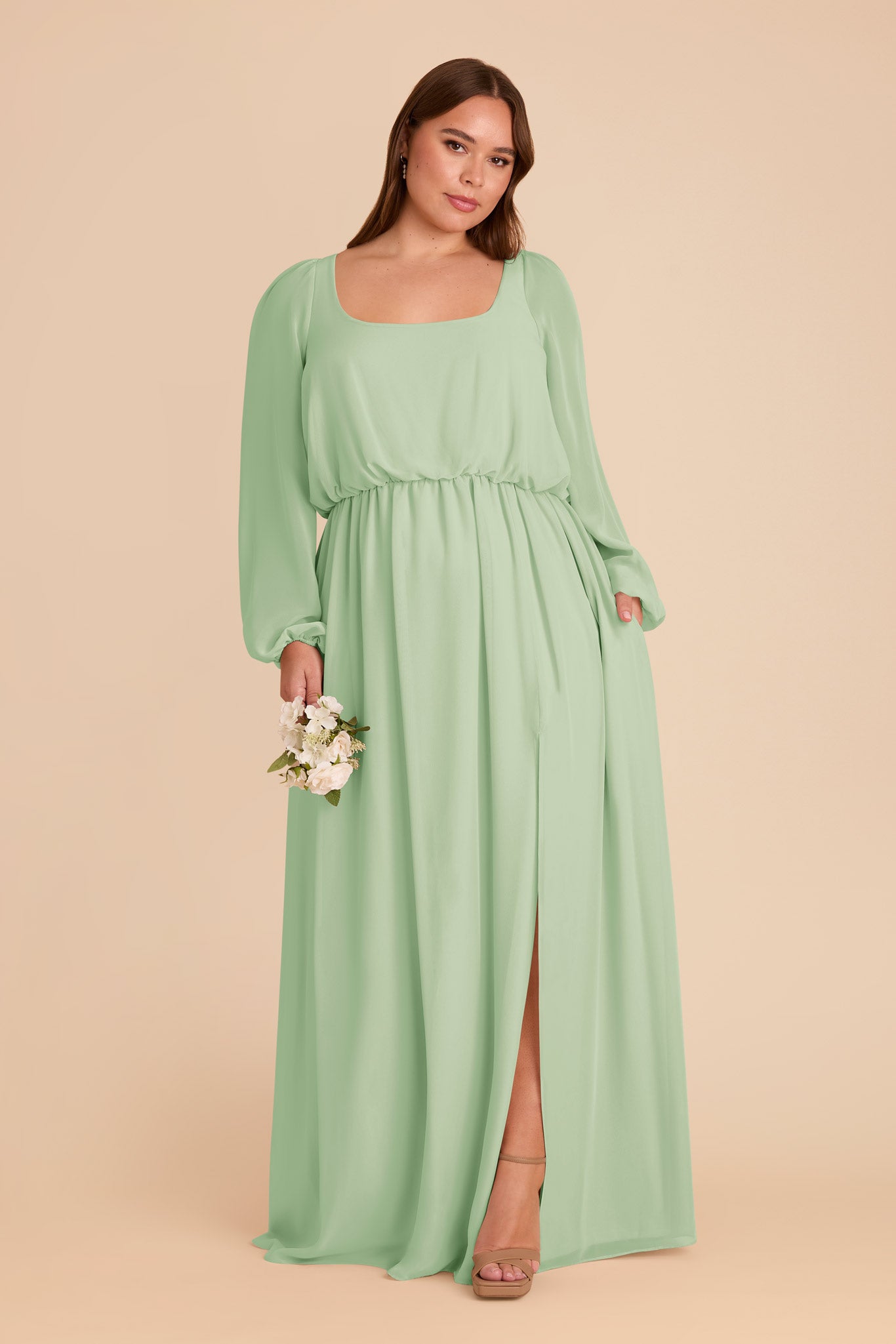 Chiffon Dress with Square Neckline & Bishop Sleeves | Eloise