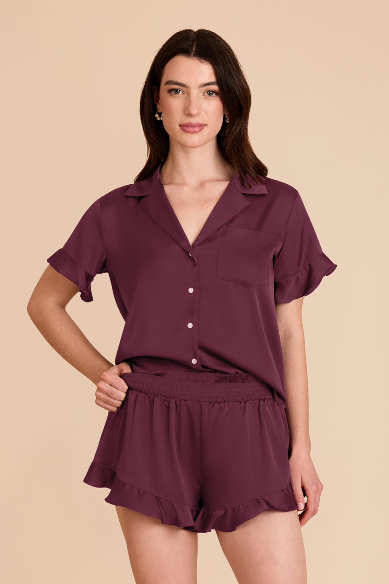Ruffled Short Sleeve Pajama Set for Women | Esther Cabernet