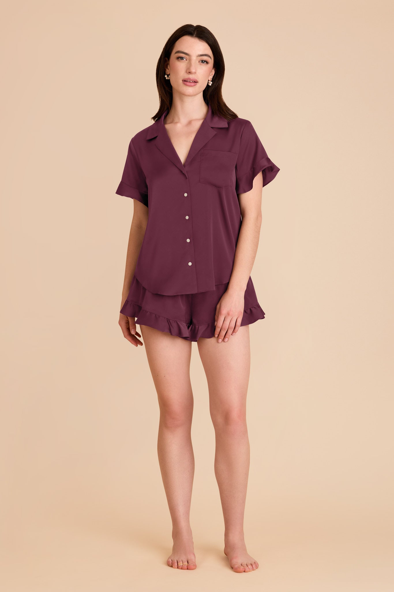 Ruffled Short Sleeve Pajama Set for Women | Esther Cabernet