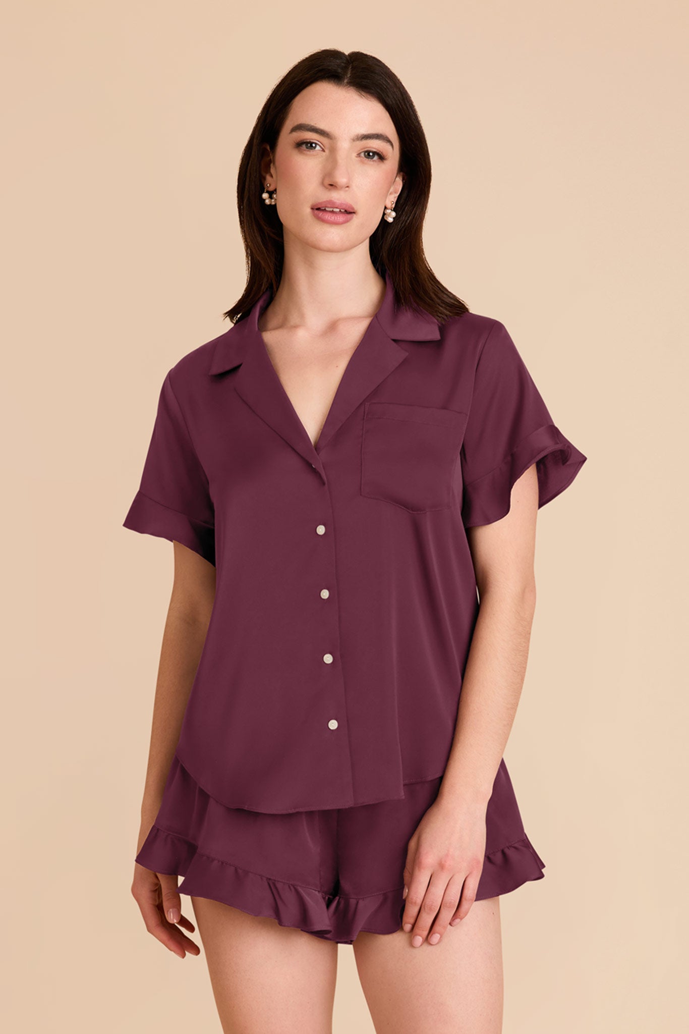Ruffled Short Sleeve Pajama Set for Women | Esther Cabernet