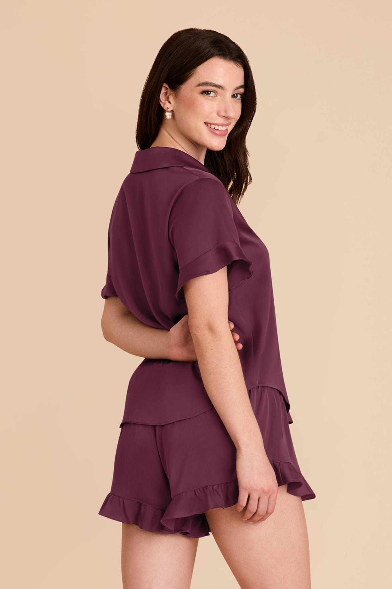 Ruffled Short Sleeve Pajama Set for Women | Esther Cabernet