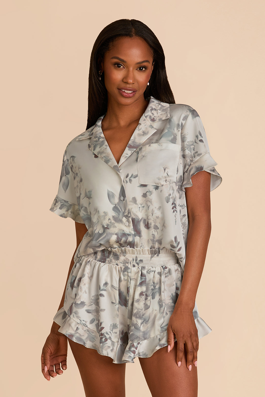 Ruffled Short Sleeve Pajama Set - Ivory Moody Blooms