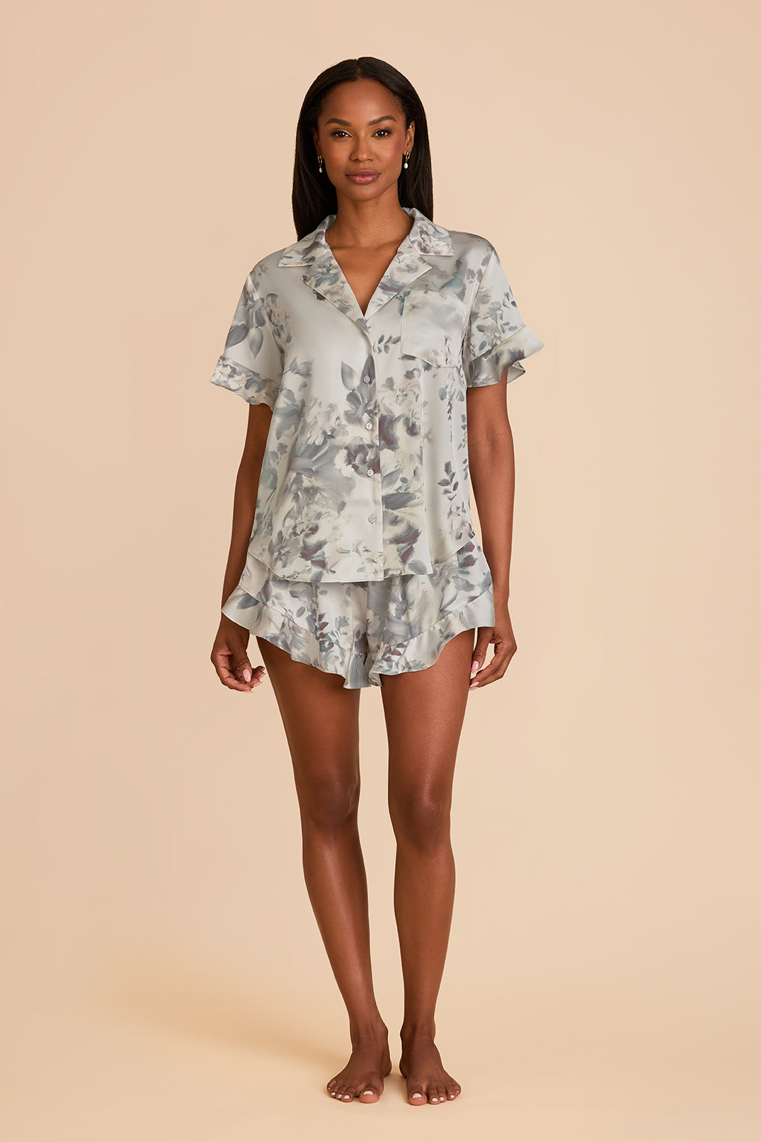 Ruffled Short Sleeve Pajama Set - Ivory Moody Blooms