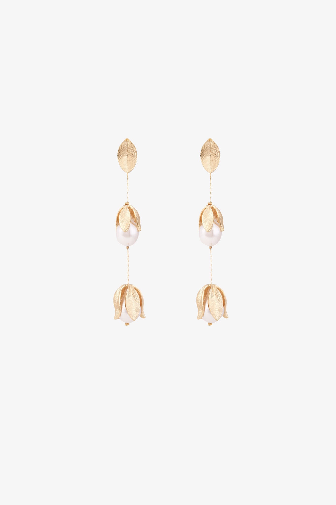 Gold Drop Earrings with Leaves & Pearls | Petit Moments
