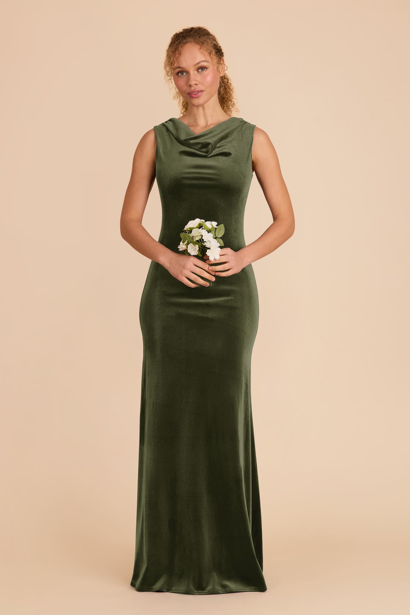 Velvet Cowl Neck Dress with Ruching | Fallon Olive