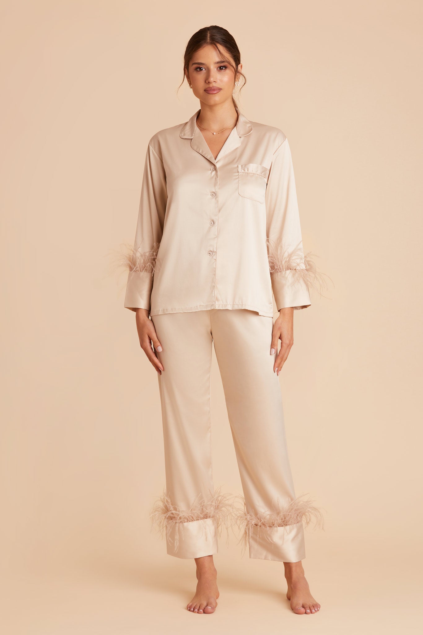 Feathered Pajama Set for Bridesmaids | Champagne Sleepwear