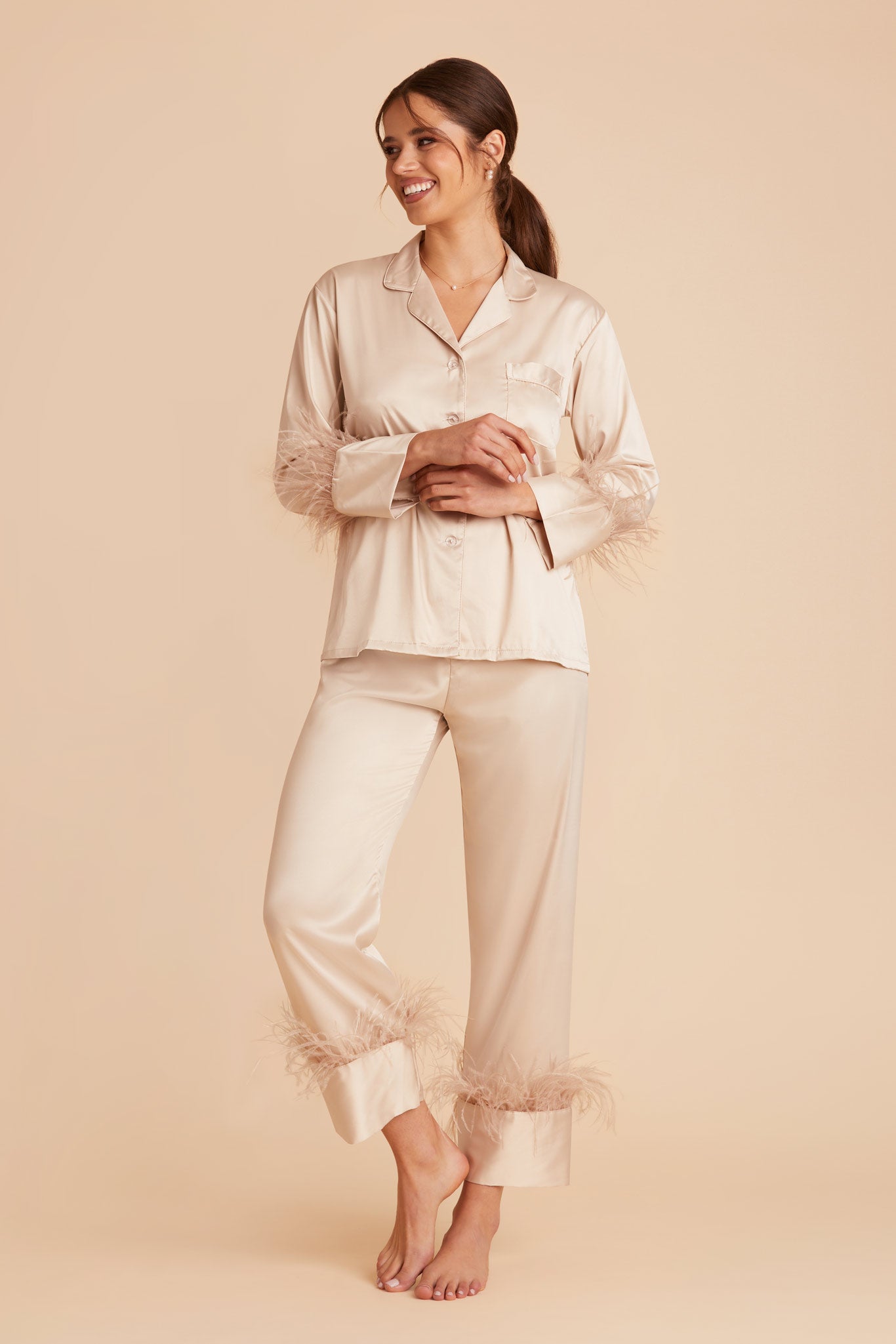 Feathered Pajama Set for Bridesmaids | Champagne Sleepwear