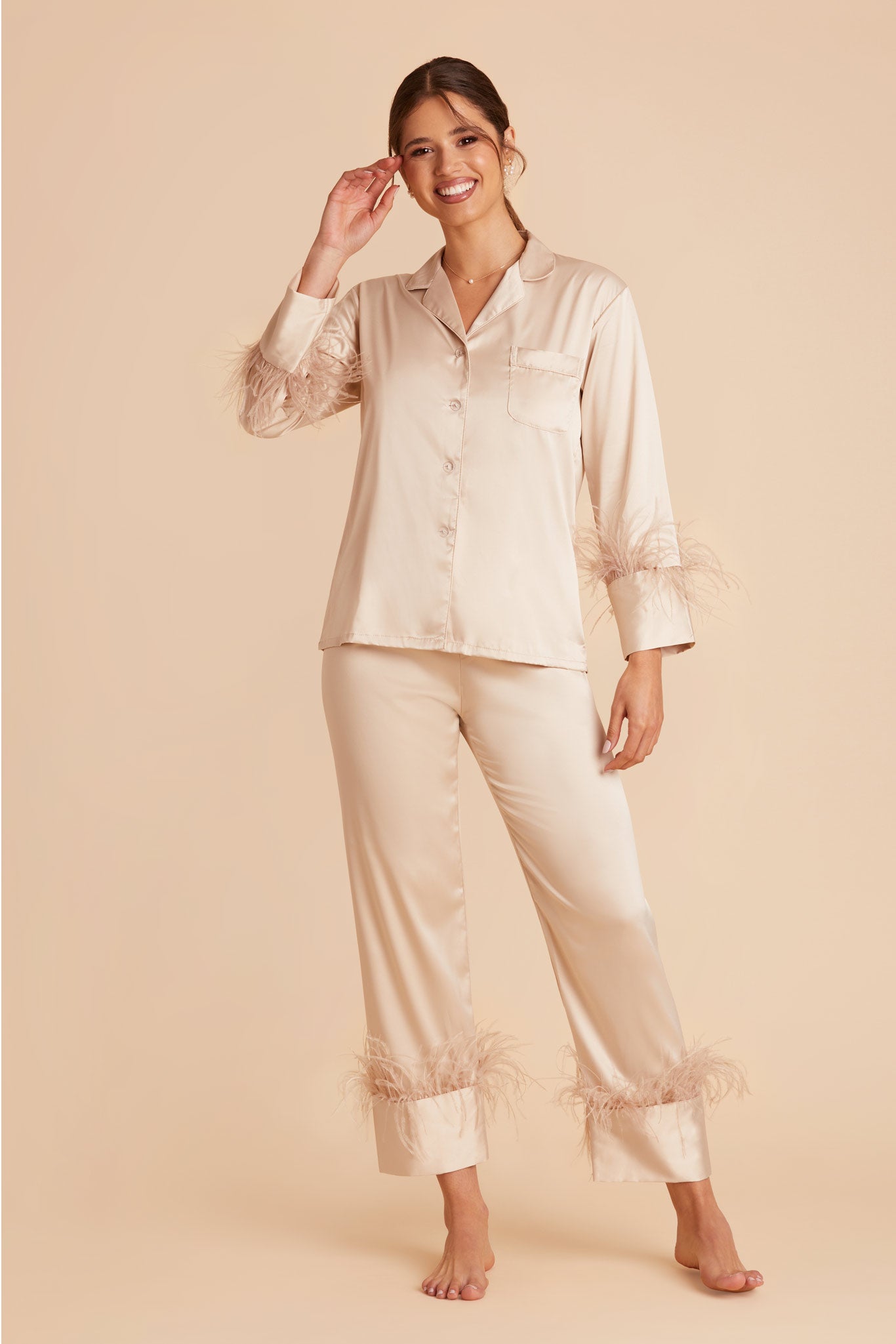 Feathered Pajama Set for Bridesmaids | Champagne Sleepwear