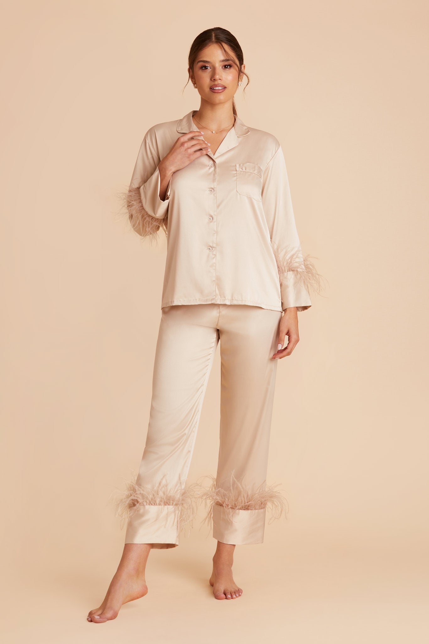 Feathered Pajama Set for Bridesmaids | Champagne Sleepwear
