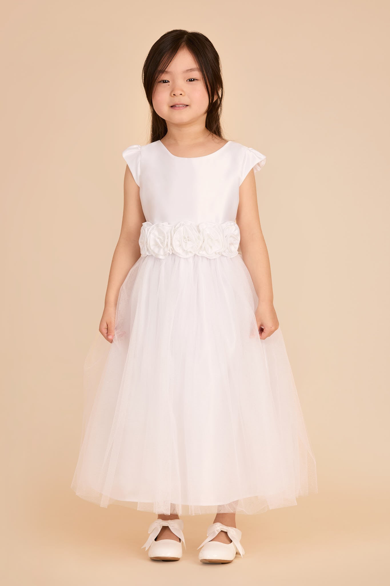 White Flower Girl Dress with Tulle & Rosette Belt | Gardenia