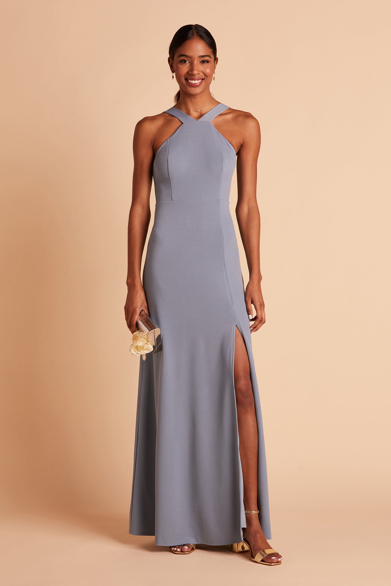 Cross-Front Halter Gown in Dusty Blue | Gene Dress