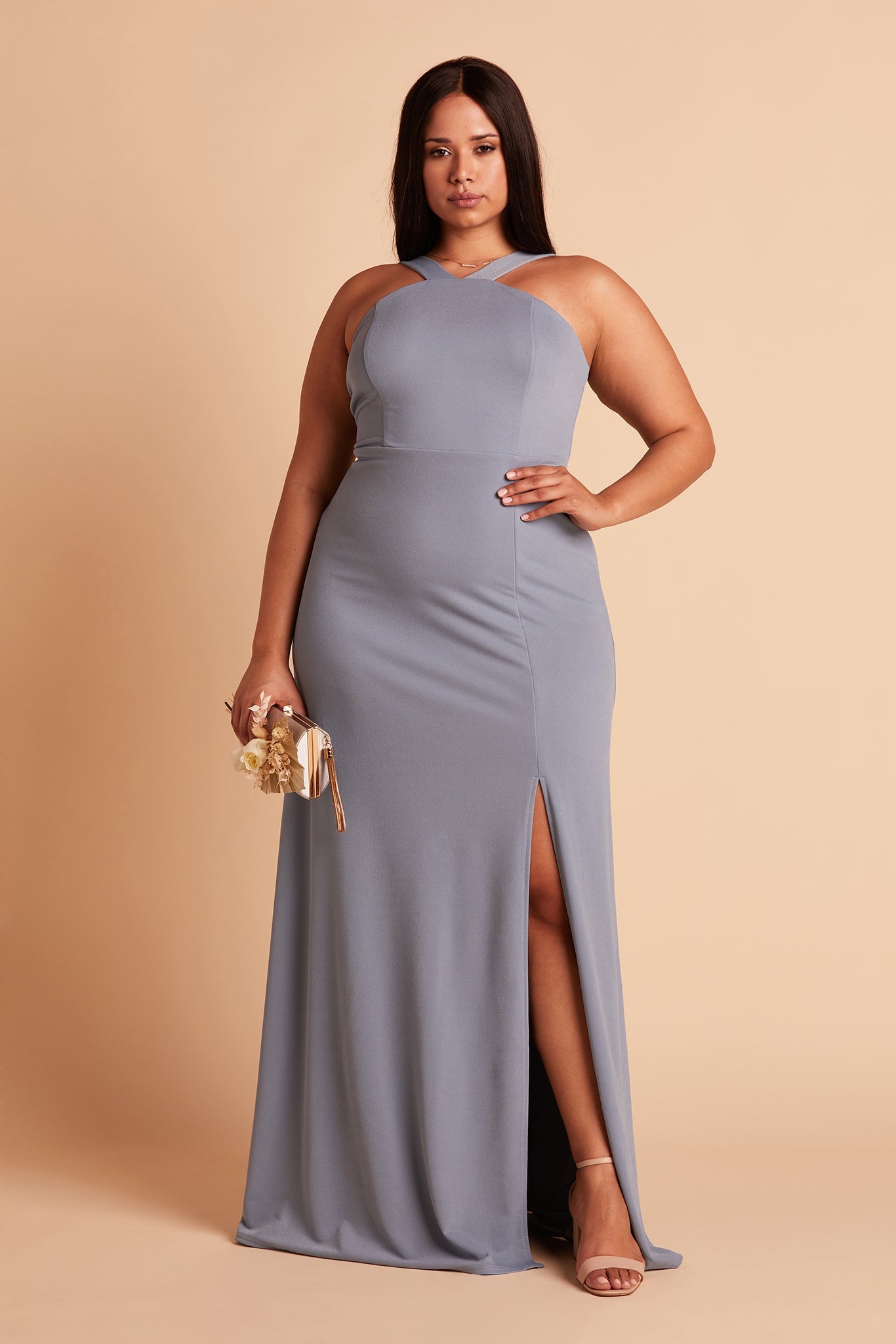 Cross-Front Halter Gown in Dusty Blue | Gene Dress
