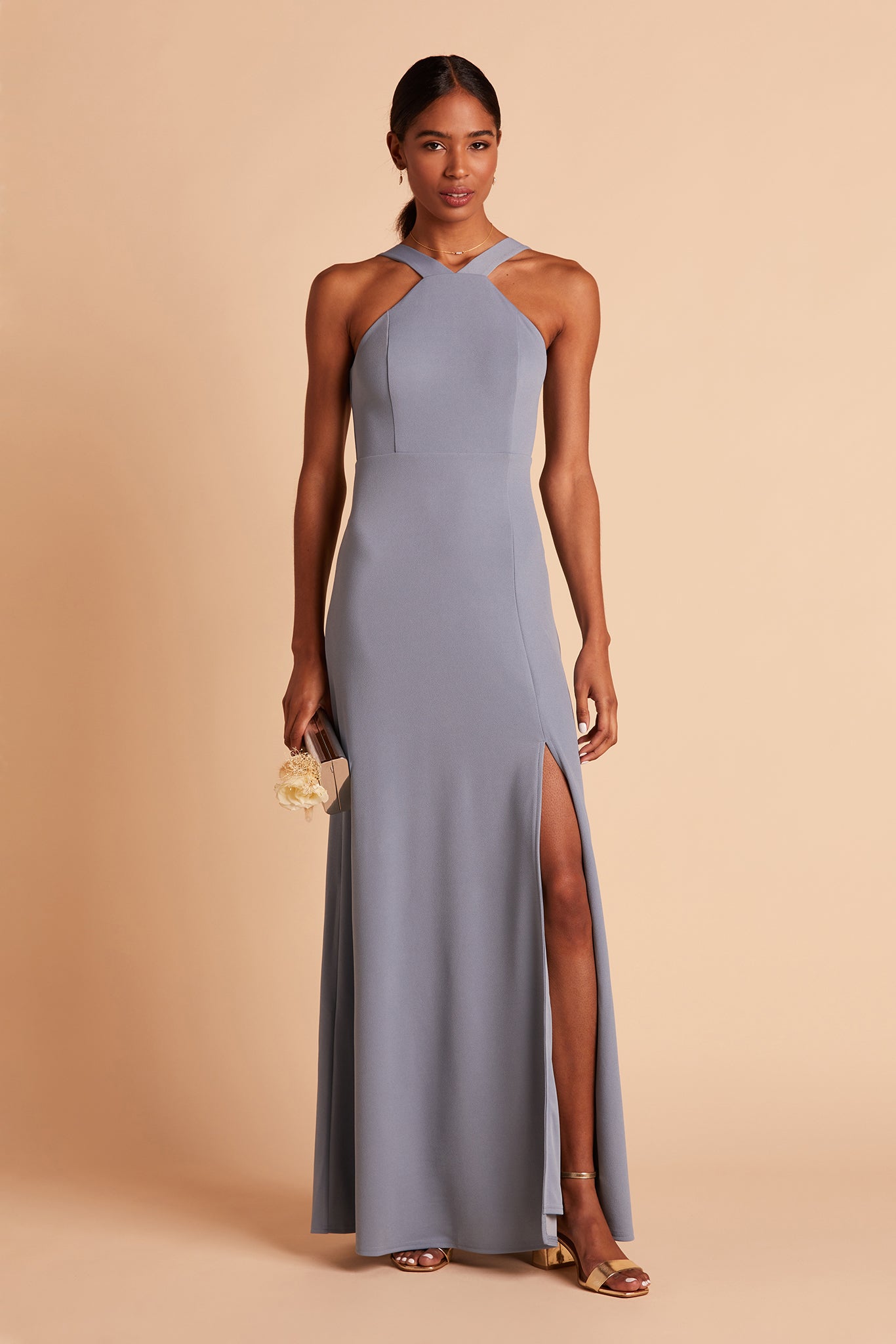 Cross-Front Halter Gown in Dusty Blue | Gene Dress