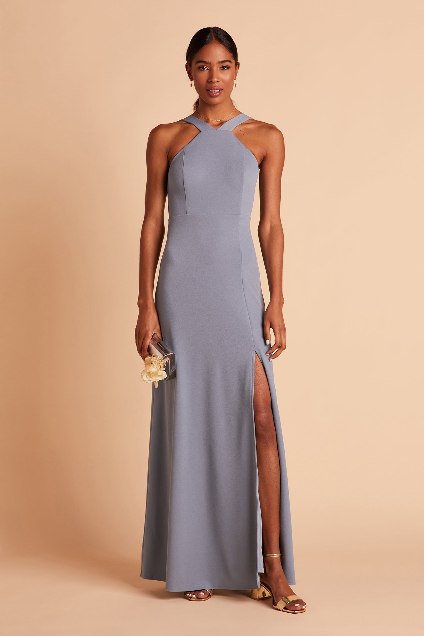 Cross-Front Halter Gown in Dusty Blue | Gene Dress