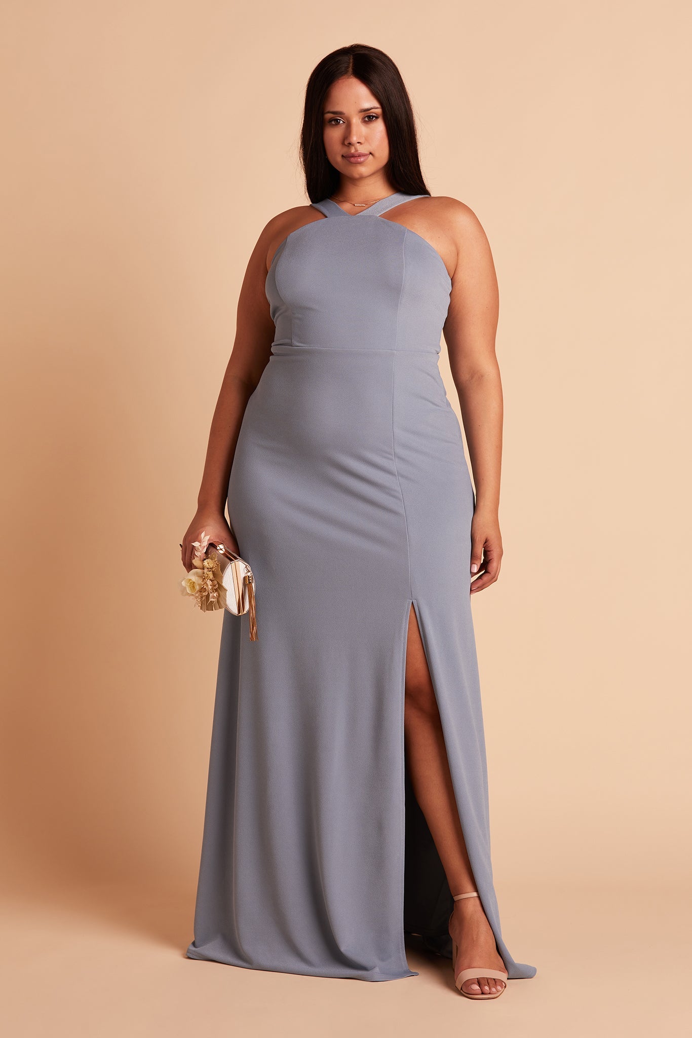 Cross-Front Halter Gown in Dusty Blue | Gene Dress