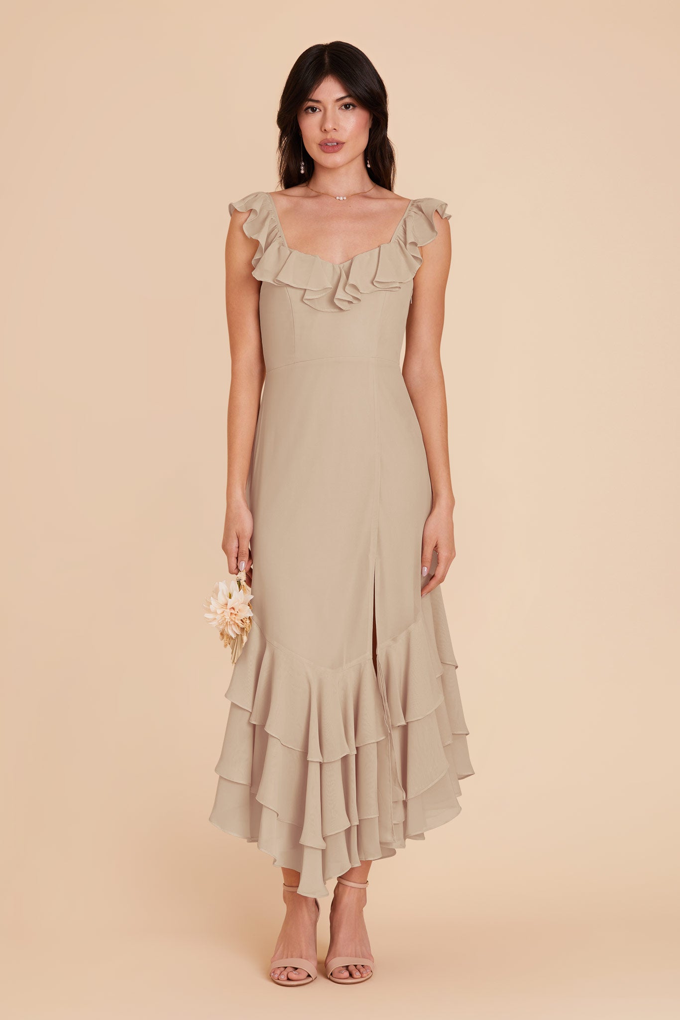 Chiffon Dress with Ruffle Neckline & Layered Hem | Ginny Almond