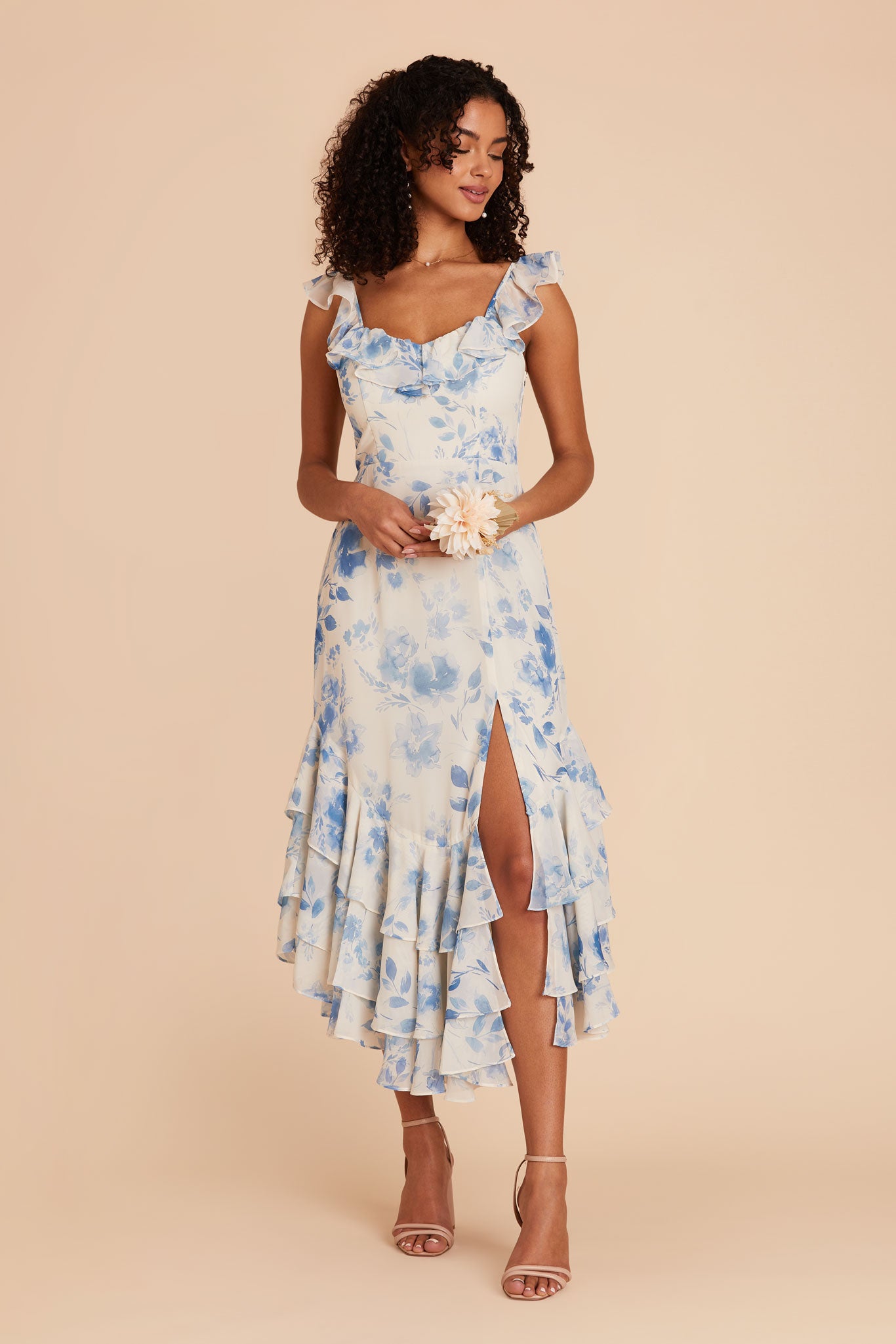 Blue Floral Chiffon Dress with Ruffle Trim | Ginny Dress