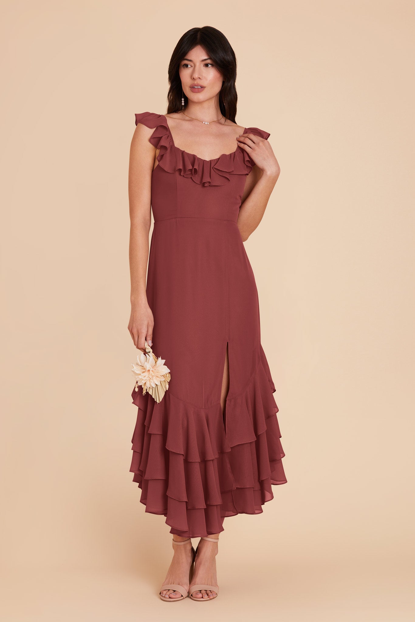 Flirty Chiffon Dress with Ruffle Neckline & Layered Hem | Ginny Rosewood