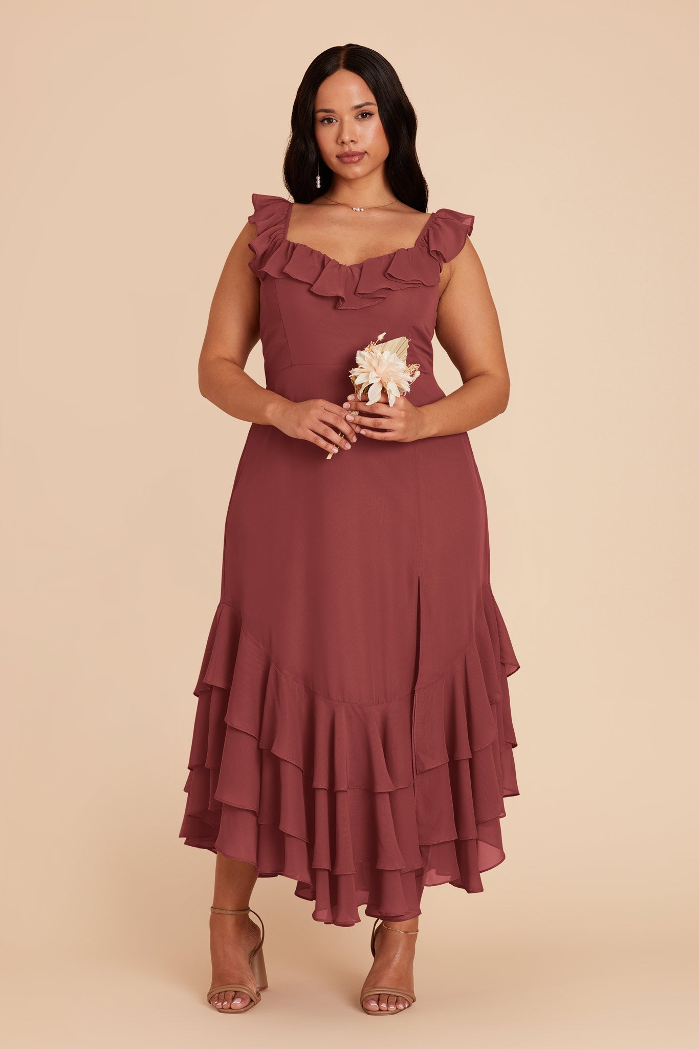 Flirty Chiffon Dress with Ruffle Neckline & Layered Hem | Ginny Rosewood
